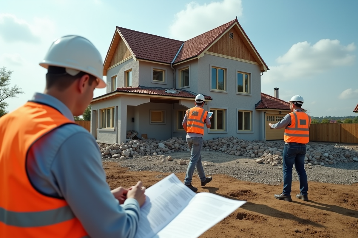 Chantier avec maison endommagee et ouvriers examinant les degats