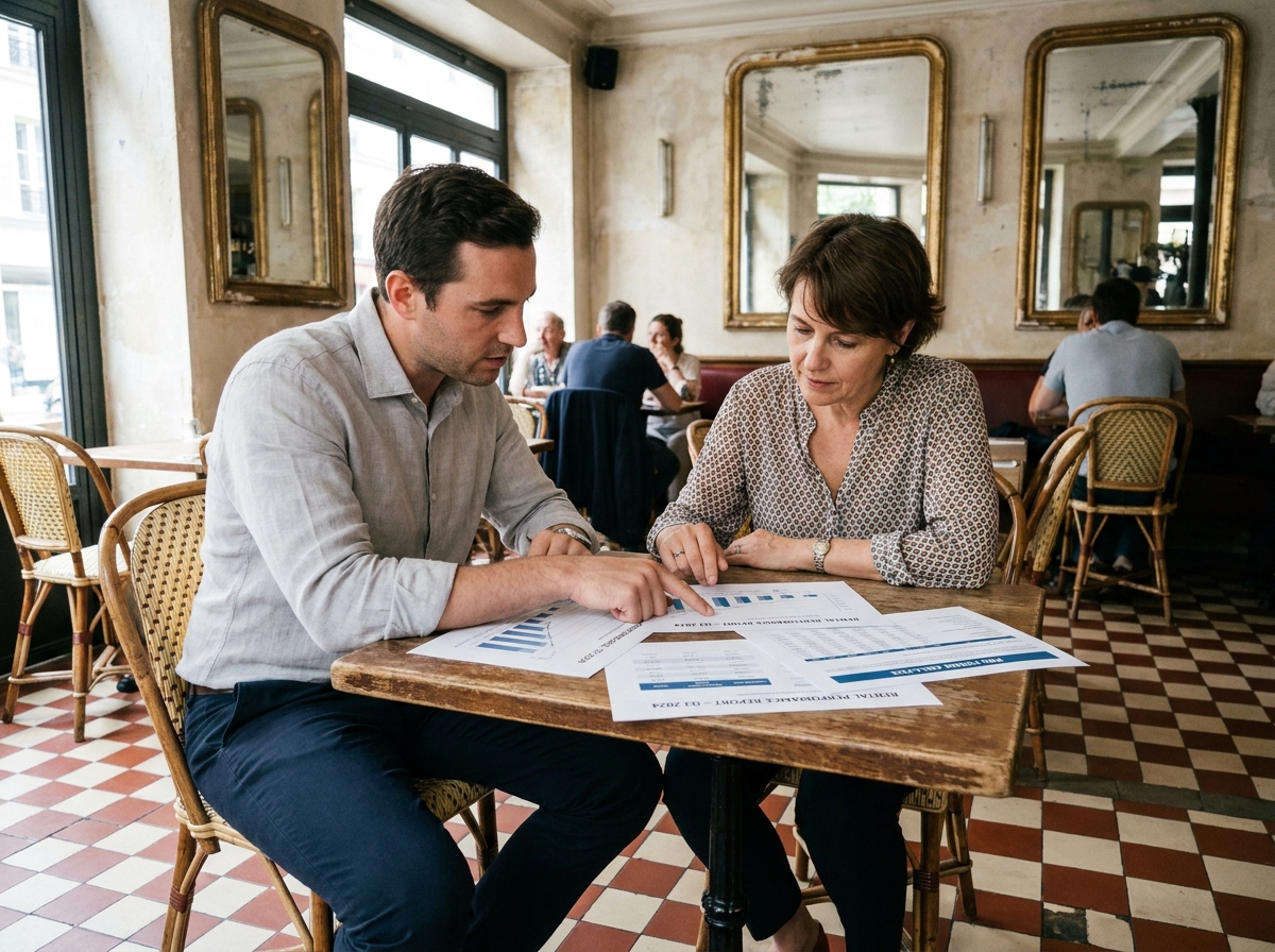 Consultant en gestion locative Airbnb discutant des performances d'un bien immobilier en Île-de-France dans un bistro parisien