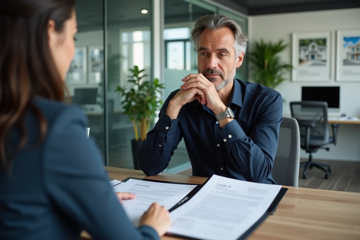 Homme consultant un agent immobilier en agence pour vérifier les clauses d'un bail en zone tendue immobilier