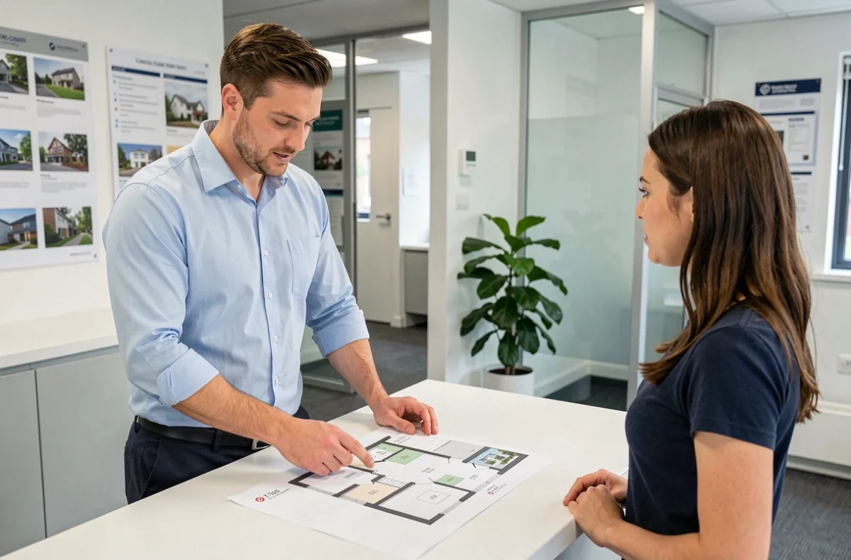 Homme discutant du plan d'un appartement T1 bis avec une agente immobilière dans une agence