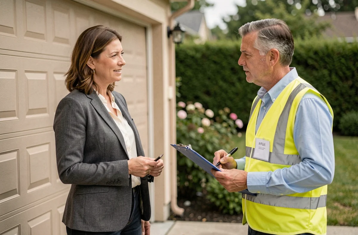 Propriétaire et entrepreneur discutant du coût de rénovation d'un garage avant la vente