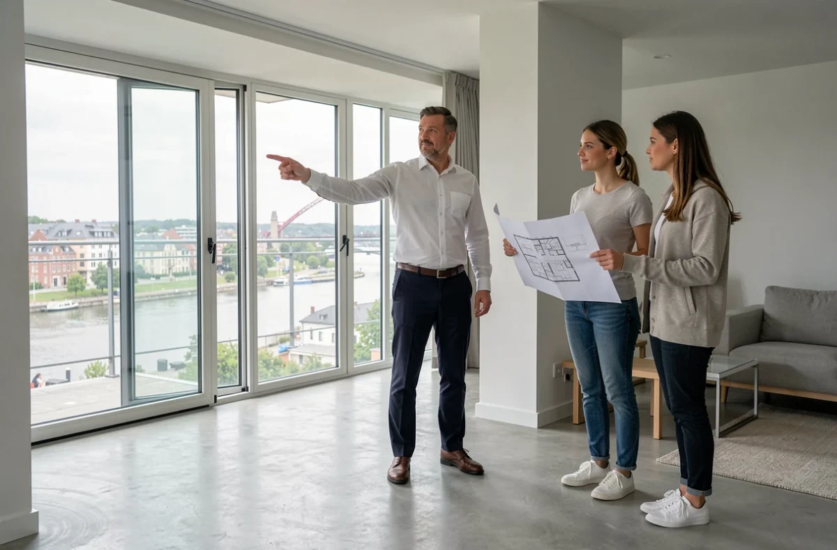Agent Contact Immo présentant un appartement moderne avec vue sur la Moselle à Metz