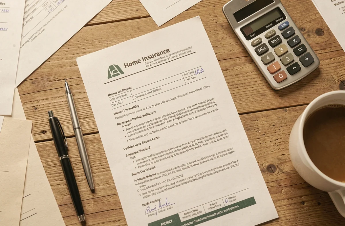Vue de dessus d'un contrat d'assurance habitation multirisque posé sur un bureau en bois avec stylo et calculatrice