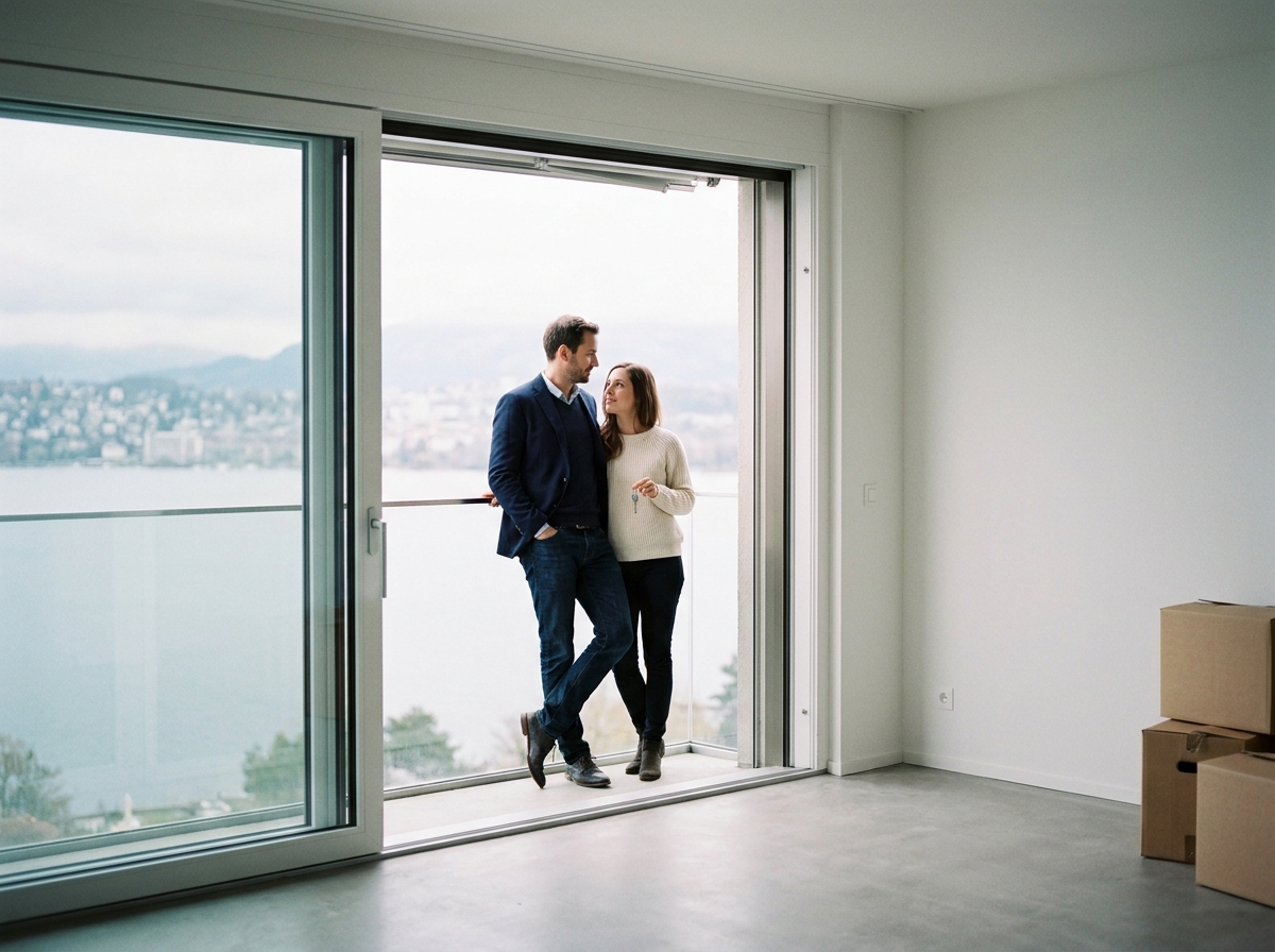 Couple visitant un appartement neuf à Thonon-les-Bains avec vue sur le lac Léman, investissement immobilier