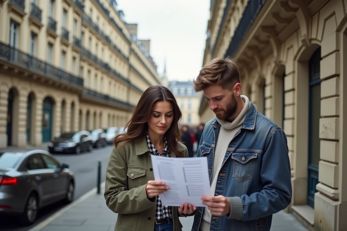 Couple examinant une check-list devant un immeuble haussmannien à Paris avant de signer un bail en zone tendue