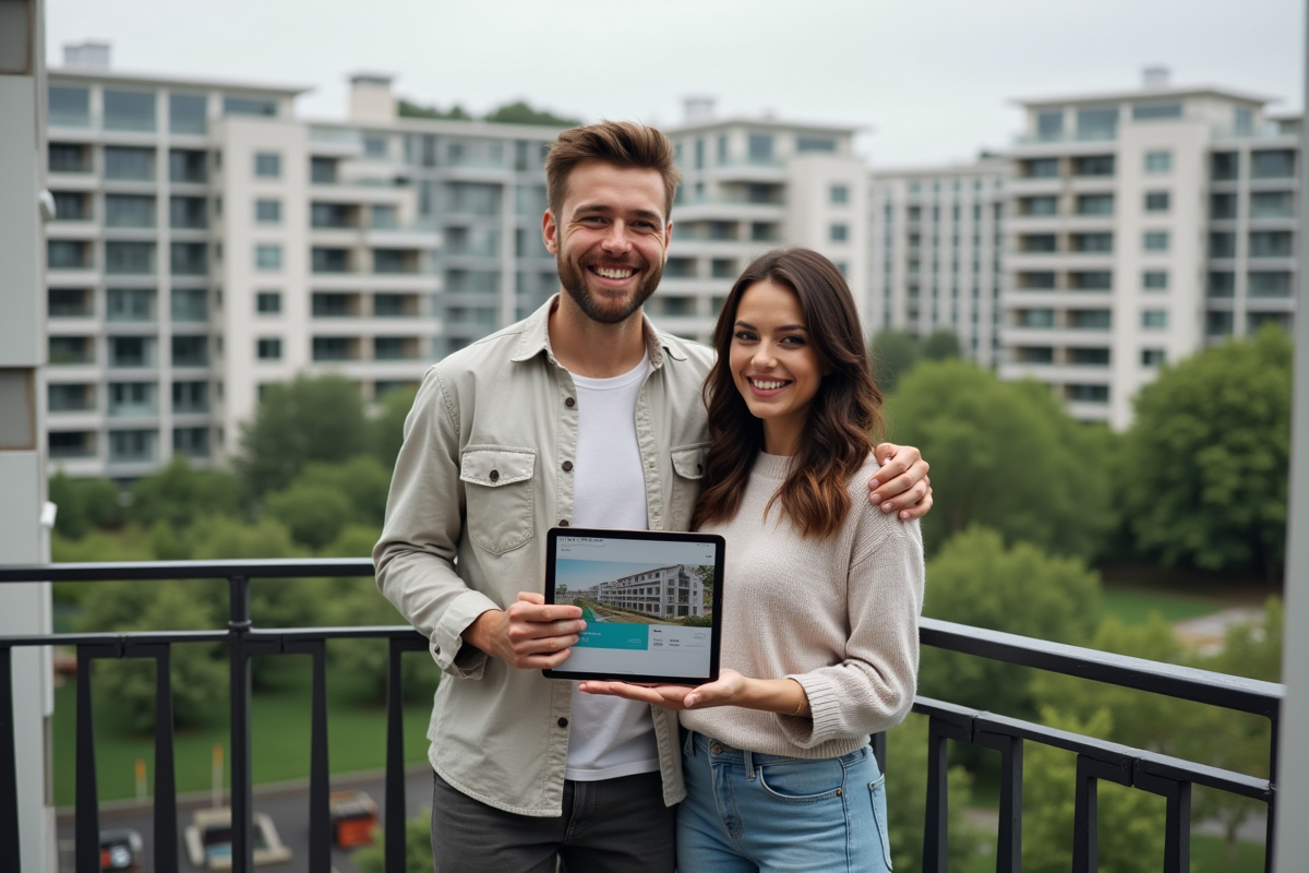 Couple souriant tenant des clés et une tablette sur un balcon urbain