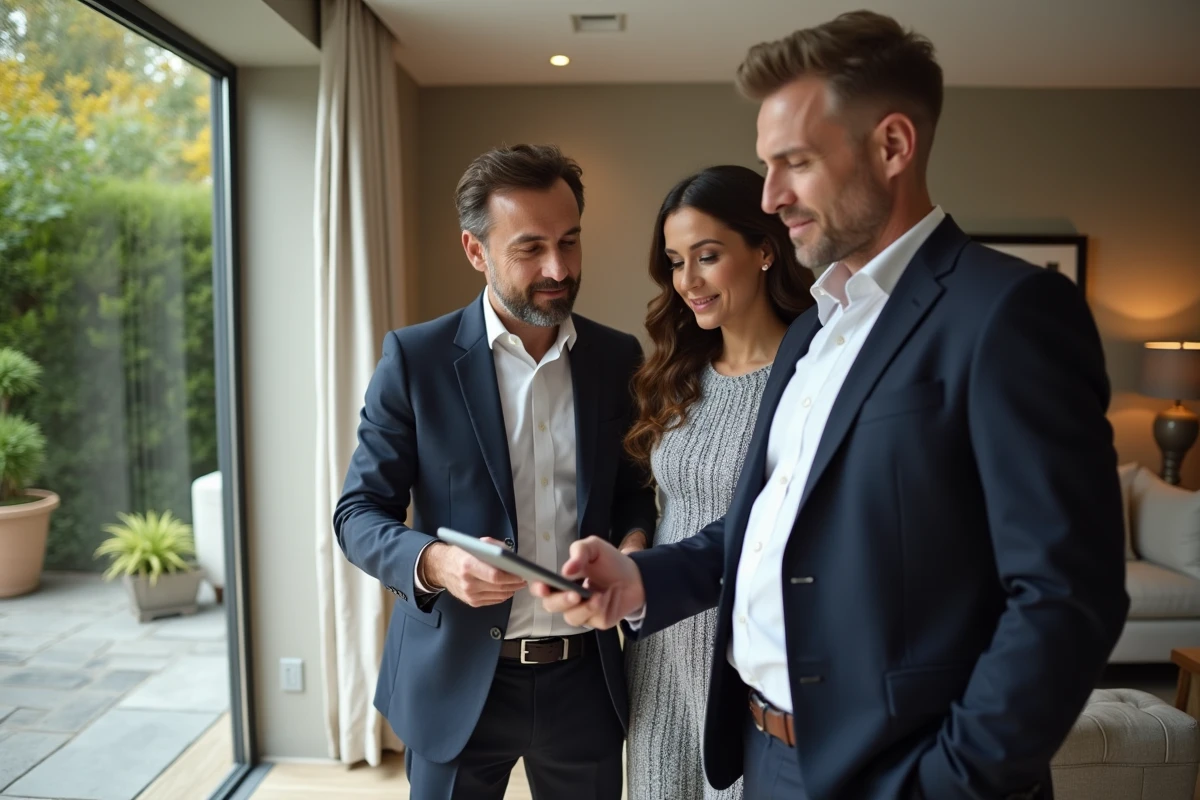 Couple écoute un conseiller immobilier dans un salon élégant