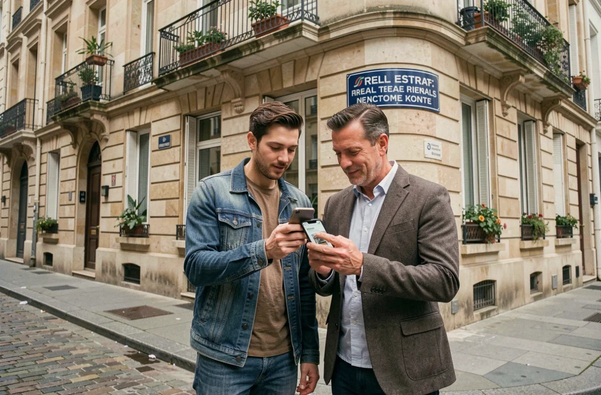 Couple devant un immeuble résidentiel consultant une annonce immobilière sur smartphone dans une rue parisienne