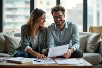 Couple souriant examinant des documents de prêt immobilier