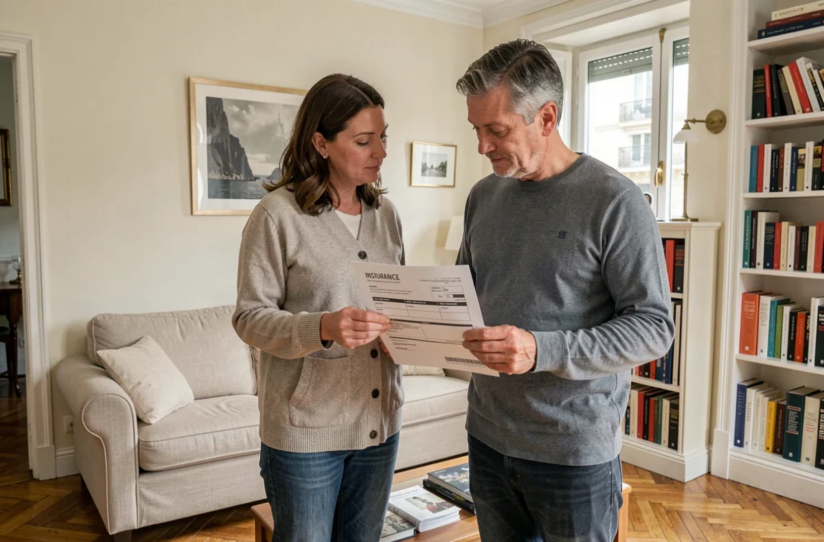 Couple examinant un devis d'assurance multirisque habitation dans le salon de leur appartement parisien