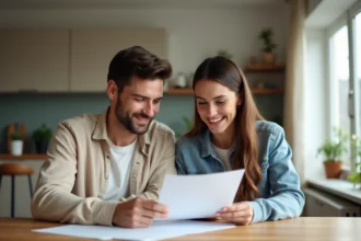 Couple souriant en train de revoir des documents dans un appartement lumineux
