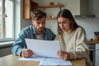 Jeune couple examinant des documents à la cuisine