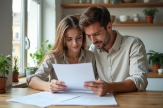 Couple en train d'étudier des documents de prêt immobilier à leur table de cuisine, illustrant le prêt 1% logement
