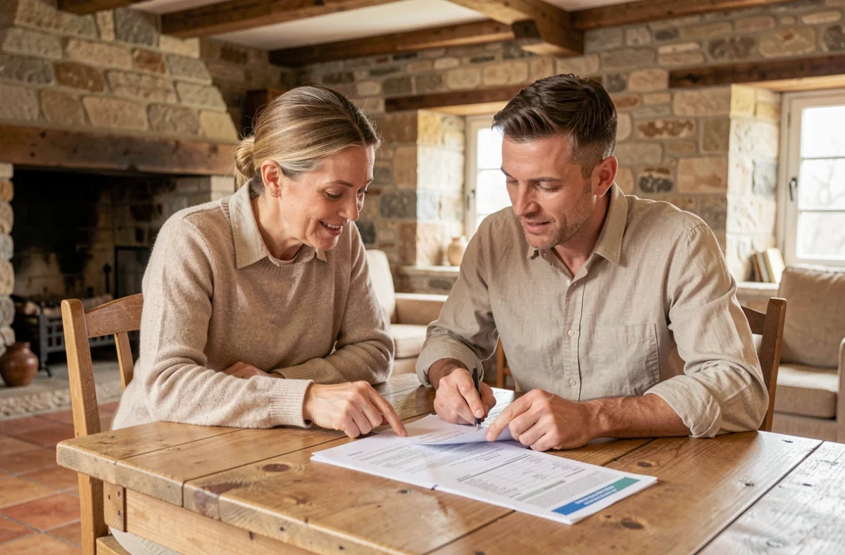 Couple examinant des documents de financement et d'aides à l'achat immobilier dans une maison en pierre rénovée en Bretagne