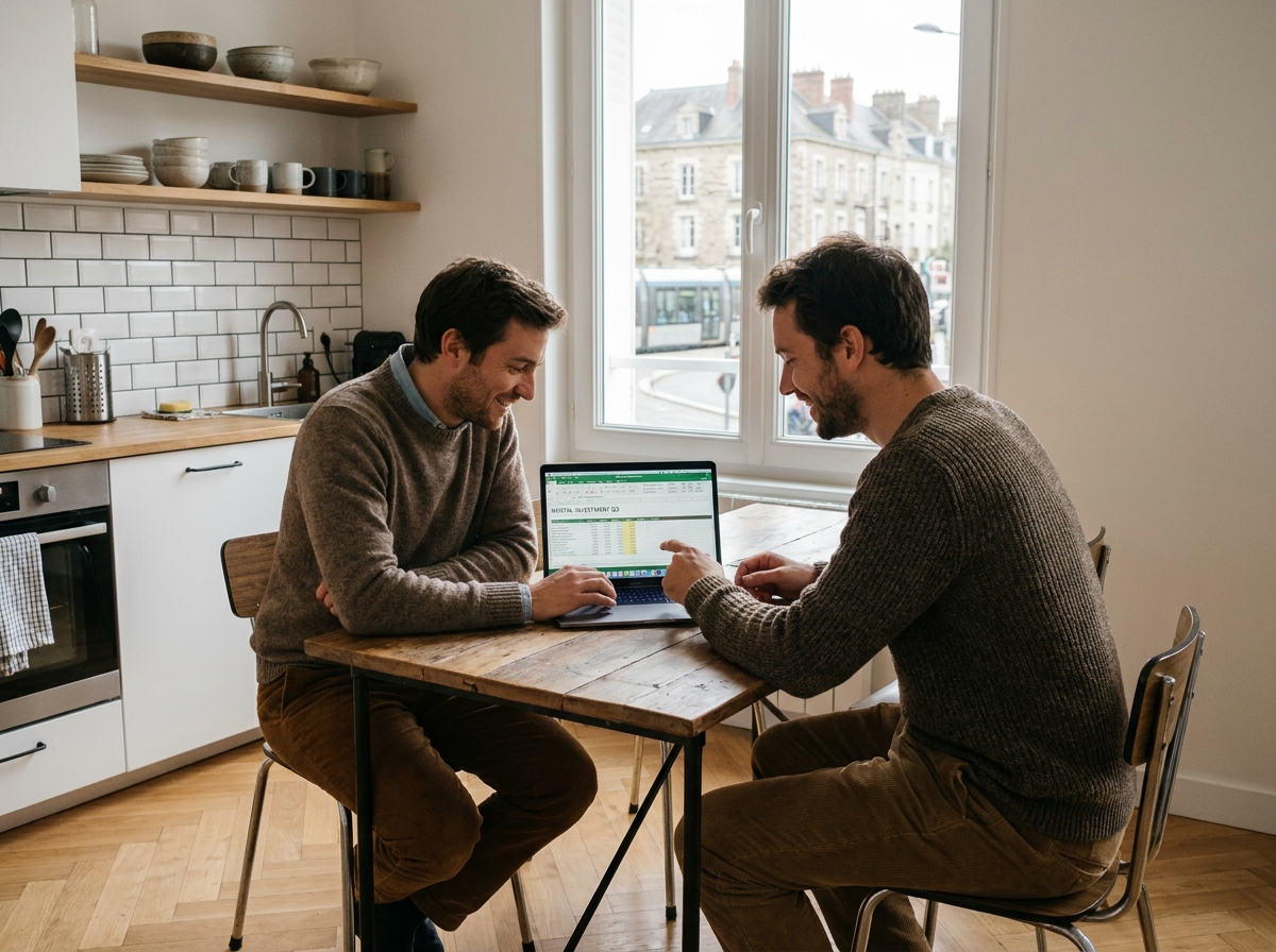 Couple de jeunes investisseurs étudiant un tableau de rentabilité locative dans un appartement rénové à Nantes