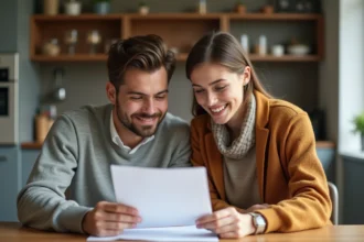 Jeune couple lisant une lettre de motivation dans un appartement