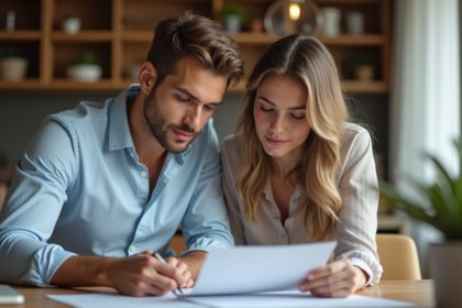 Jeune couple examine un document de prêt immobilier à la maison