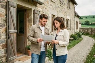 Couple examinant des documents immobiliers devant une ferme en pierre dans la Creuse, envisageant une location avant achat