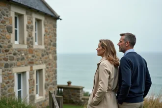 Couple devant une maison normande en bord de mer avec vue sur la Manche, idéale pour investissement locatif saisonnier