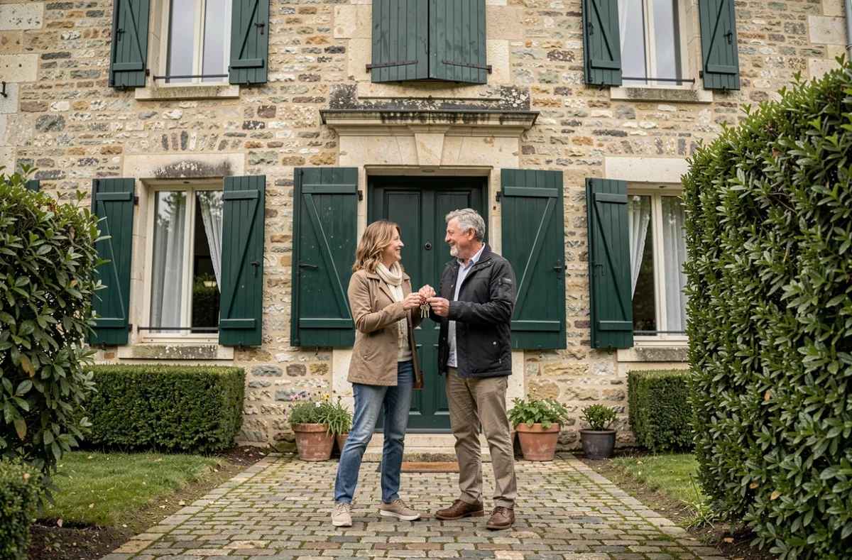 Couple devant leur maison en pierre à Chartres tenant des clés après avoir souscrit une assurance habitation
