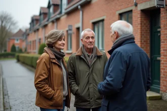 Couple en discussion avec un propriétaire devant une maison en brique