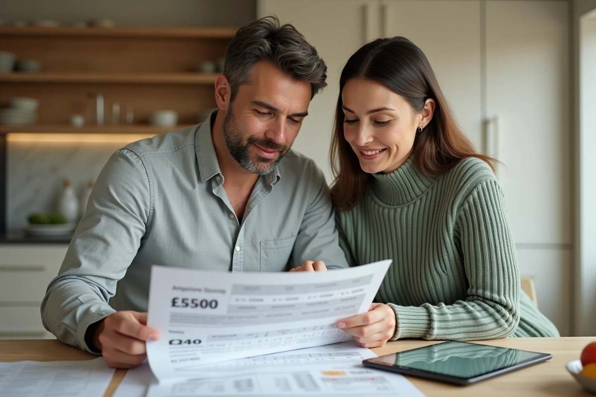 Couple examinant un tableau d'amortissement de prêt immobilier à domicile pour planifier leur achat selon la loi Lagleize 2026