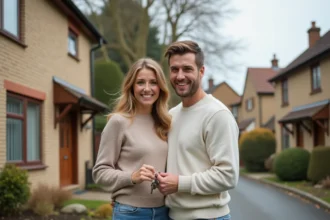 Jeune couple de primo-accédants devant une maison mitoyenne par le garage en zone pavillonnaire