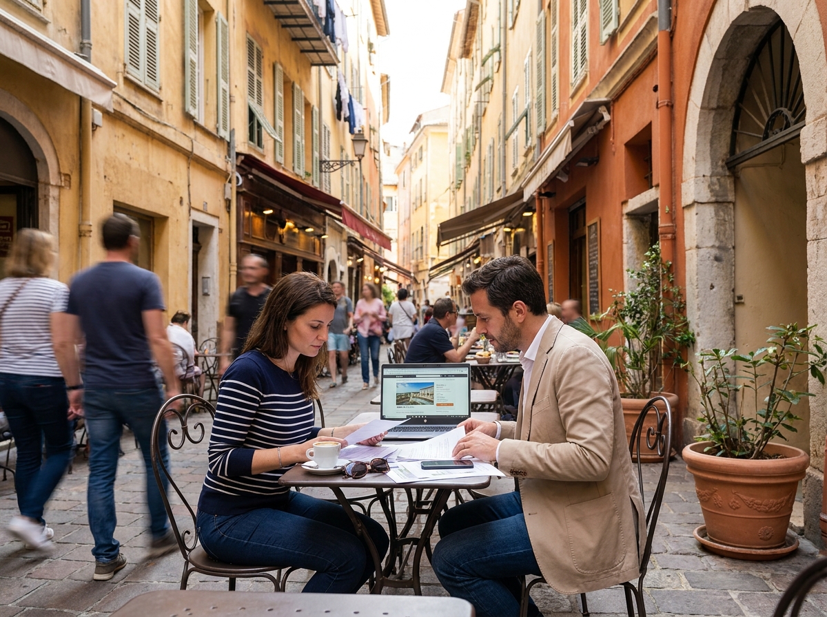 Couple étudiant des annonces immobilières niçoises en terrasse dans le Vieux-Nice