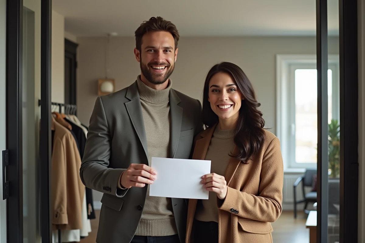 Couple souriant donnant une lettre à un agent immobilier dans un hall