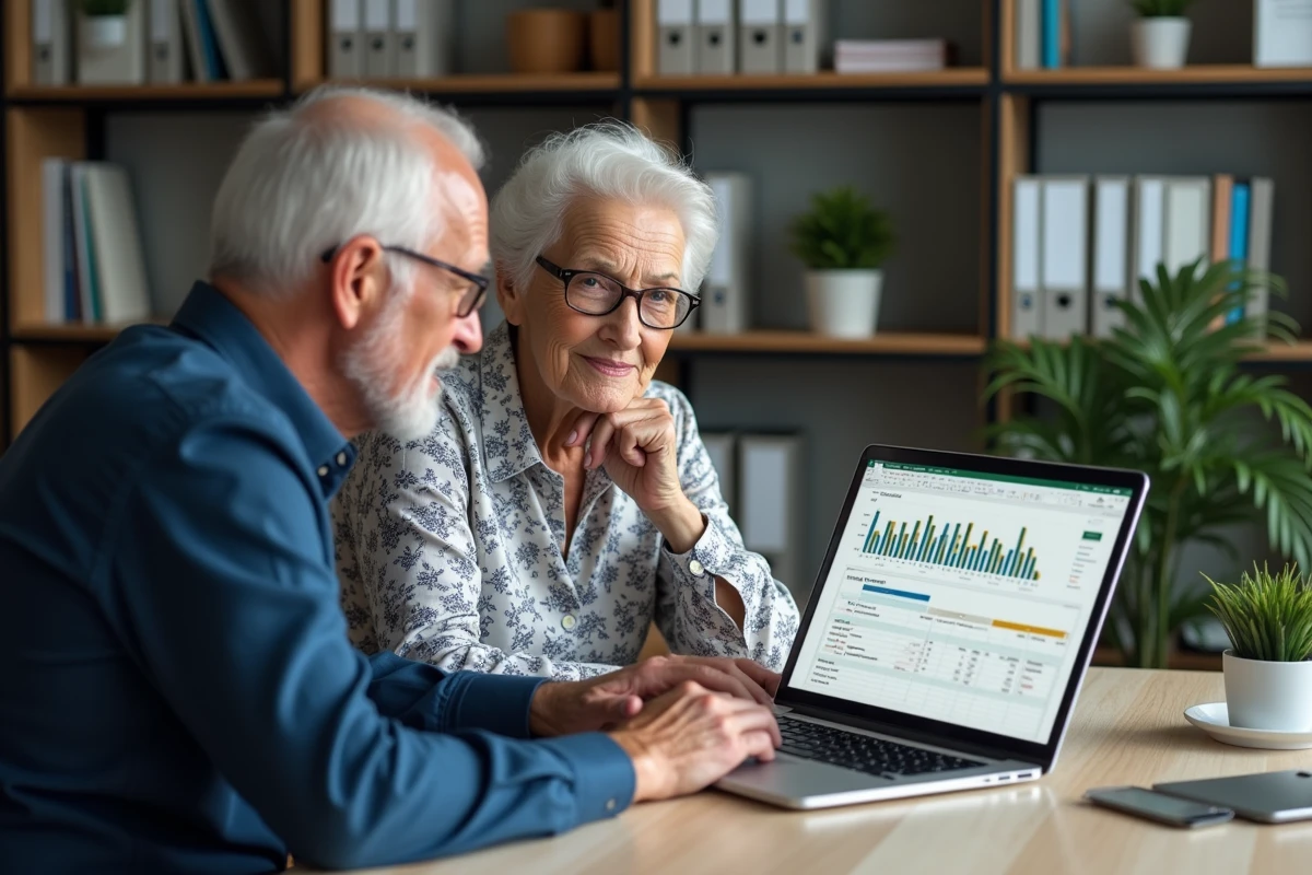 Couple de retraités consultant un simulateur viager Excel sur un ordinateur portable dans un bureau à domicile