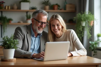 Couple souriant dans une cuisine moderne naviguant sur un site immobilier
