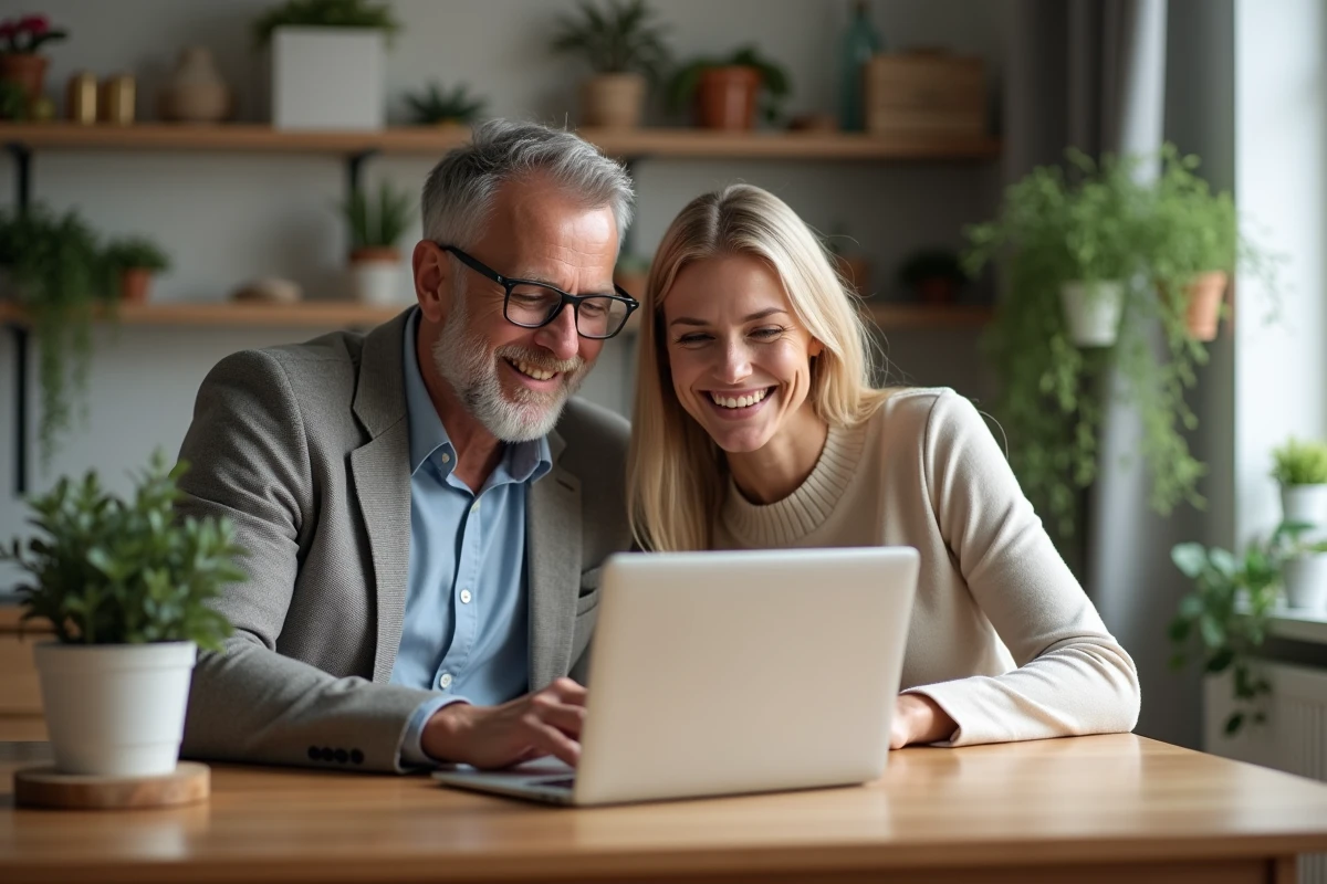 Couple souriant dans une cuisine moderne naviguant sur un site immobilier