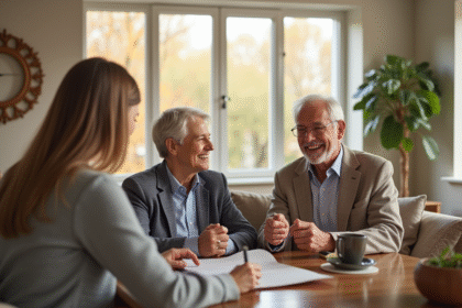 Couple senior souriant rencontrant un agent immobilier dans un appartement lumineux