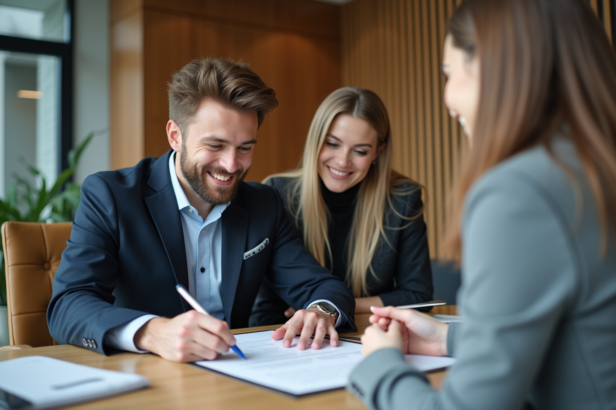 Jeune couple signant des documents de prêt immobilier avec conseiller
