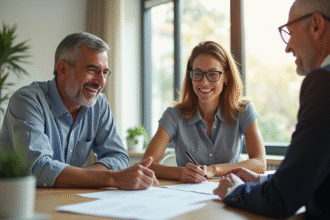 Couple souriant signant un prêt immobilier dans un bureau moderne