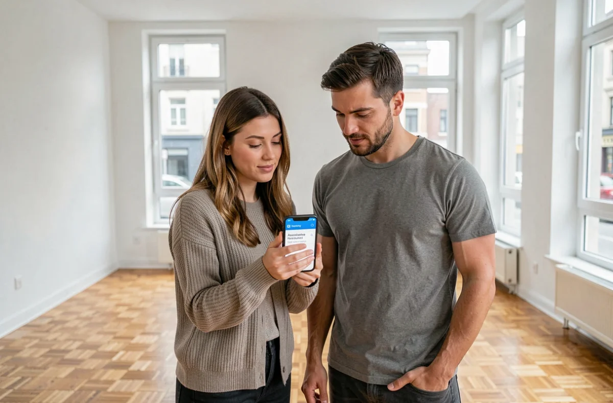 Couple consultant une simulation d'aide pour financer la caution de leur futur appartement locatif