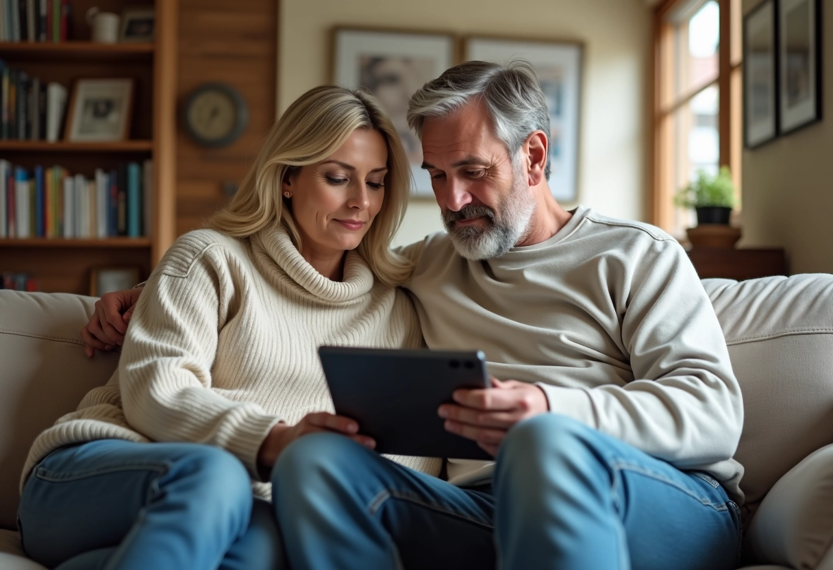 Couple assis sur le canapé compare des taux hypothécaires