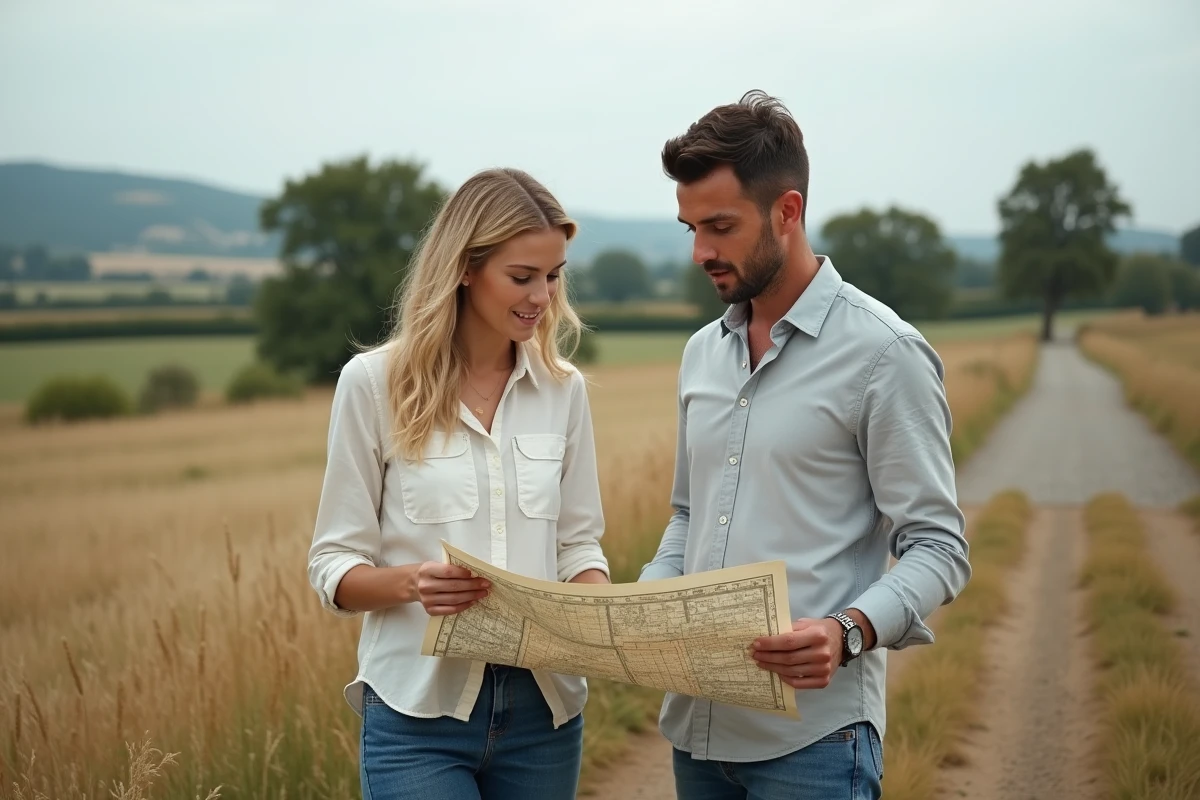 Couple consultant un plan cadastral sur un terrain isolé en zone rurale, vue grand angle sur une parcelle en campagne française