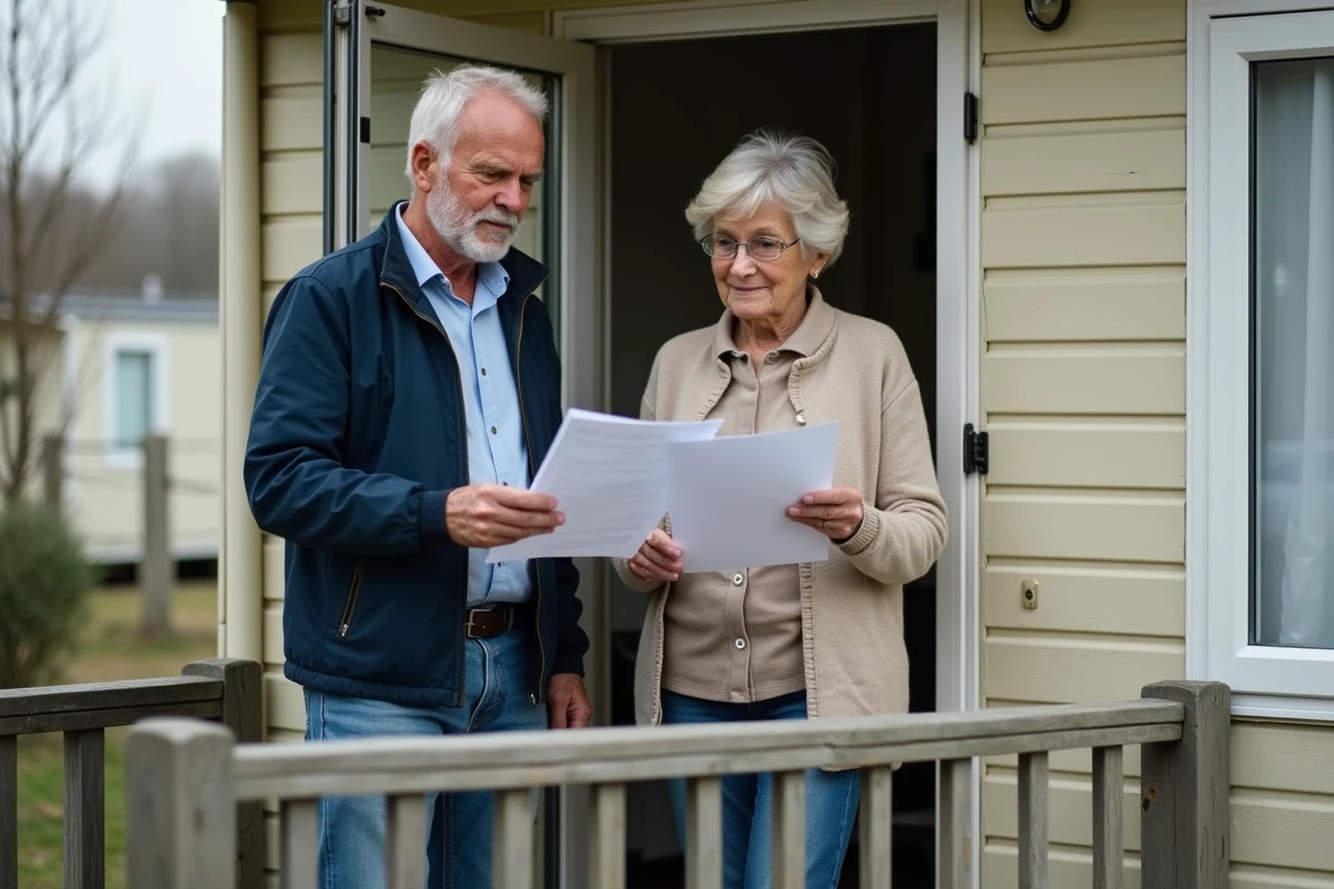 Couple de propriétaires examinant des documents pour la vente d'un mobil home ancien sur la terrasse