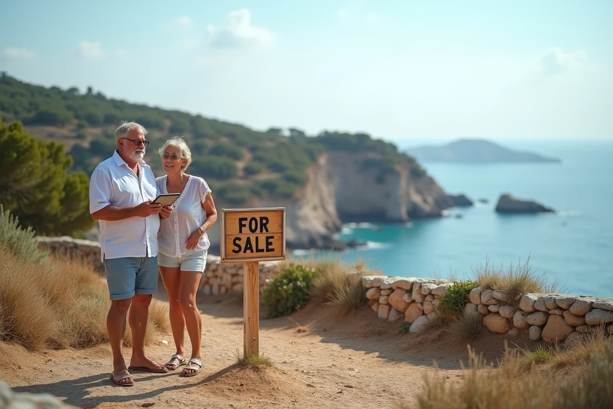 Couple examinant un panneau à vendre sur un terrain en bord de mer lors d'une visite d'évaluation