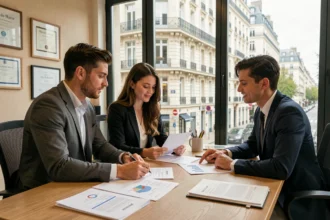Un courtier en prêt immobilier conseille un couple dans un bureau moderne du Val-de-Marne
