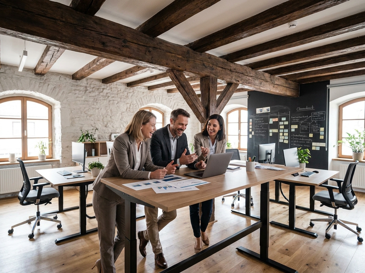 Équipe en réunion dans un espace de coworking aménagé dans un bâtiment alsacien rénové à Strasbourg