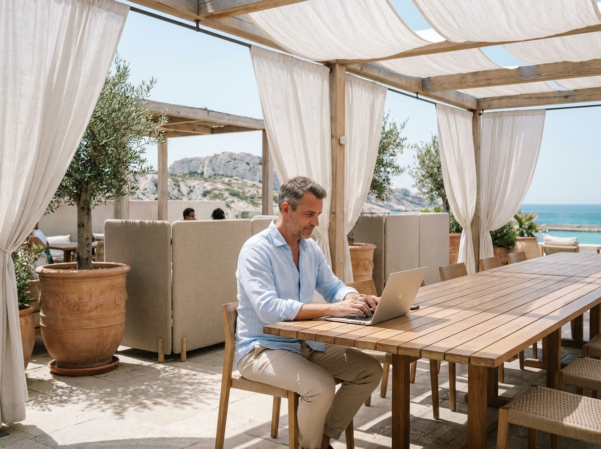 Homme en télétravail sur une terrasse de co-working en plein air à Marseille