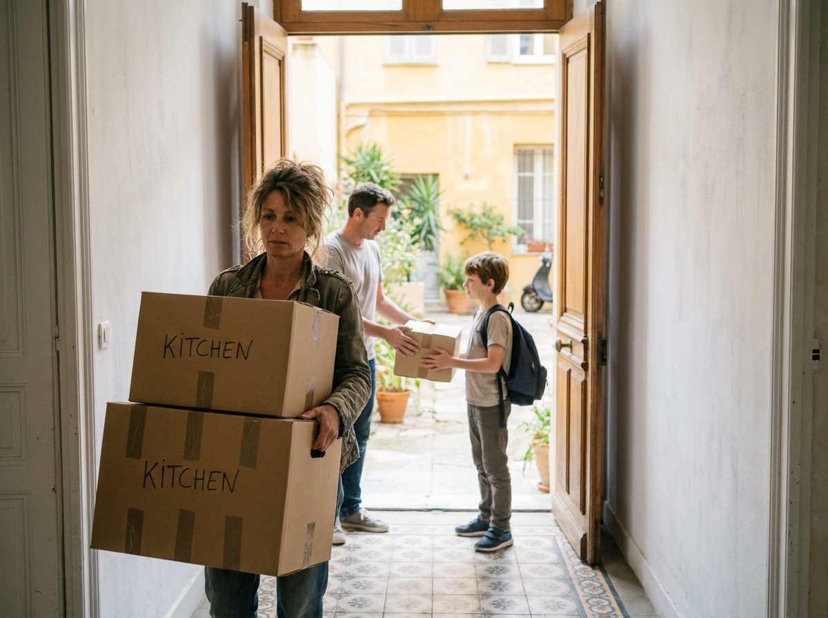Famille emménageant dans un appartement niçois avec cartons lors d'un déménagement depuis Paris
