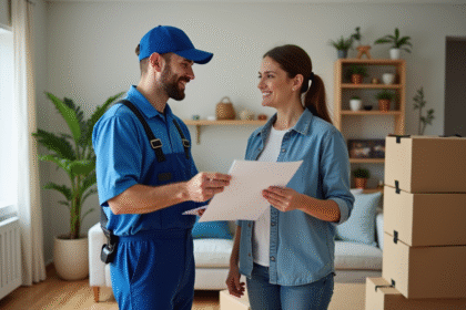 Agent de déménagement souriant avec une cliente dans un salon moderne