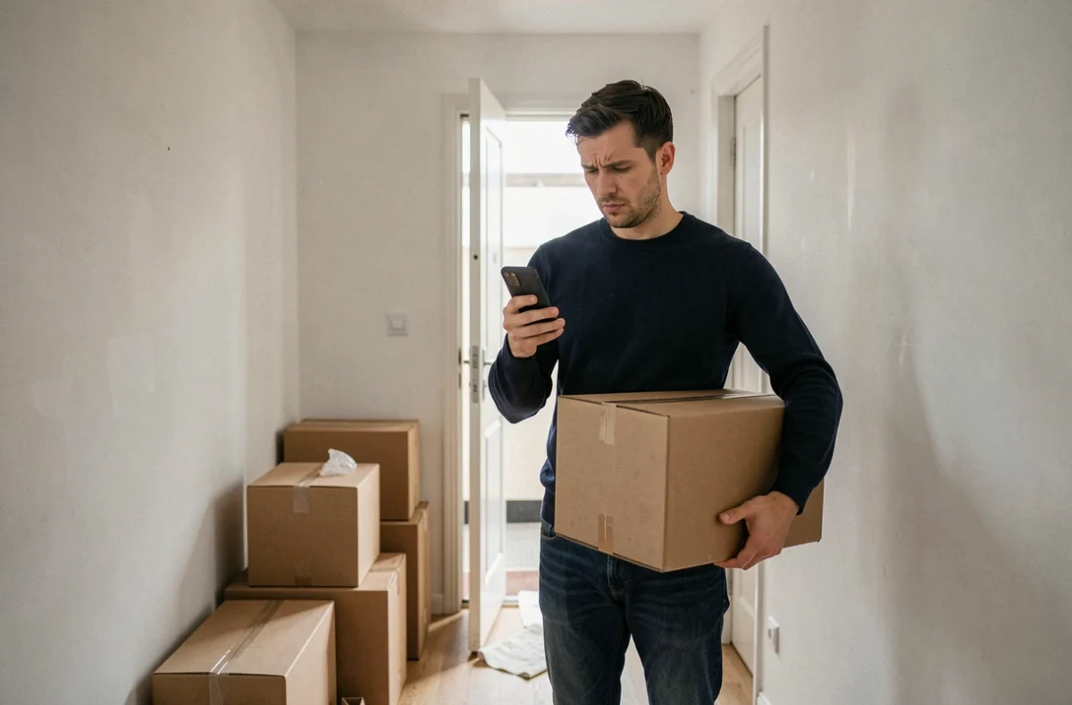 Homme en train de déménager consultant son téléphone pour résilier son assurance habitation