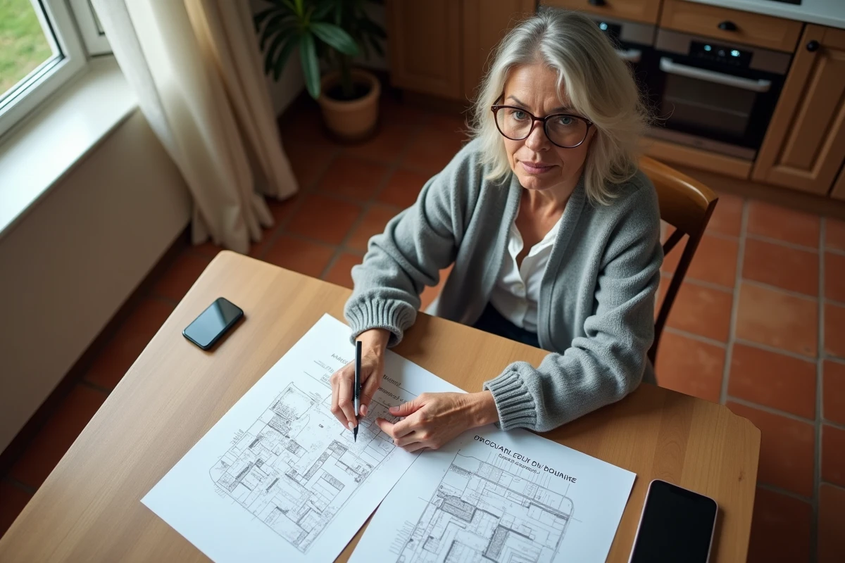 Femme étudiant des documents cadastraux et plans de propriété à la table de cuisine pour régler un litige de clôture avec son voisin