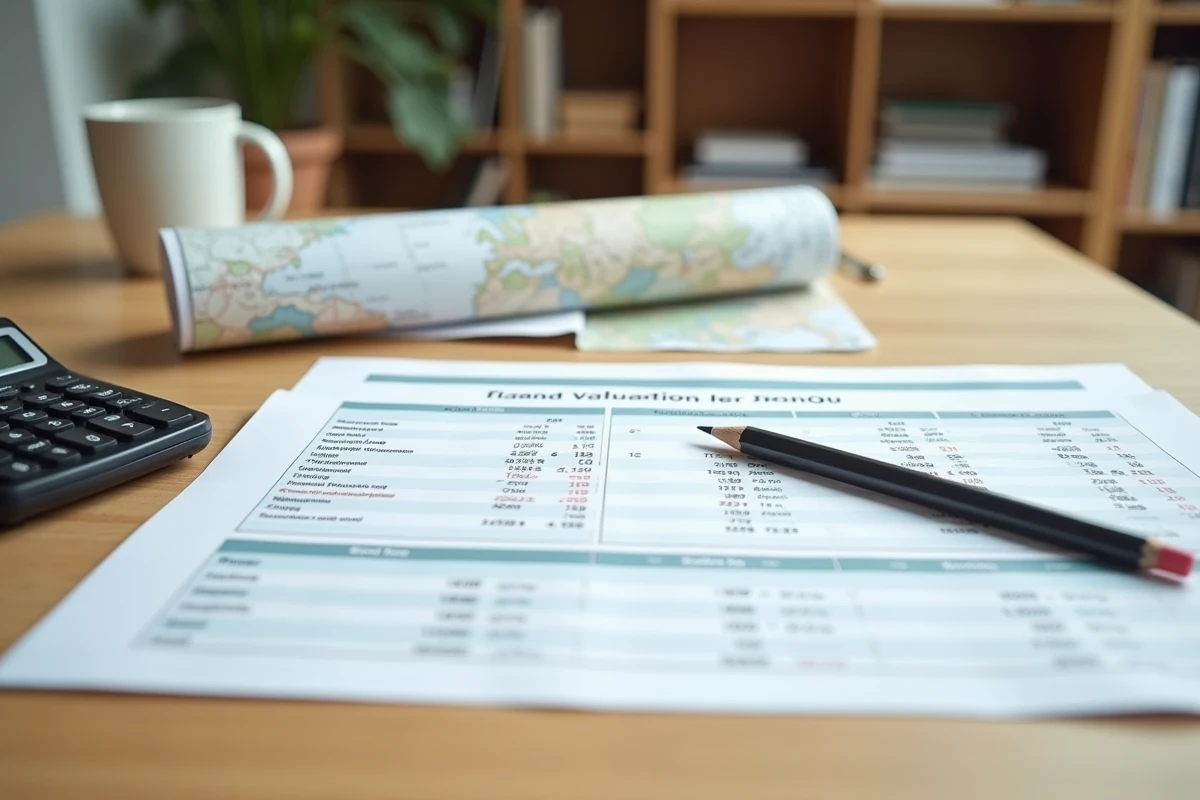 Dossier d'estimation foncière avec tableau comparatif prix au mètre carré terrain lotissement et isolé sur un bureau