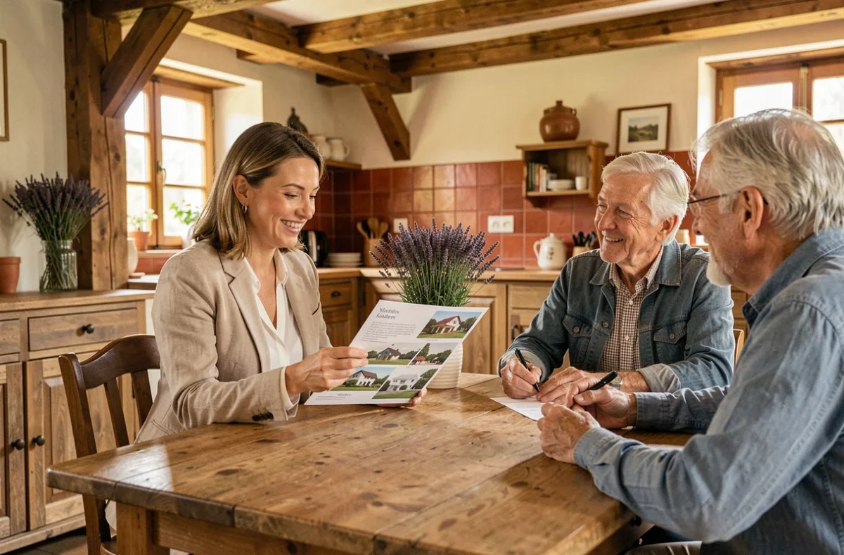 Conseillère de l'agence Du Côté de Chez Vous présentant une propriété alsacienne à un couple de clients