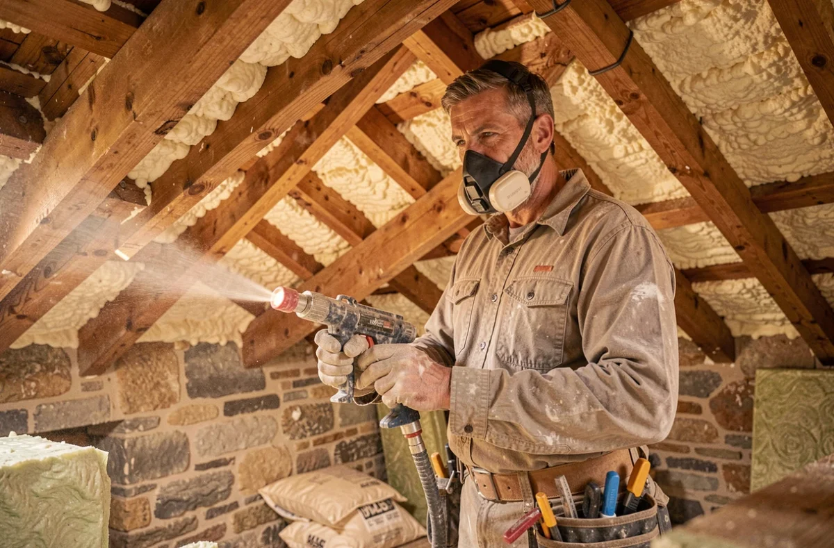 Artisan de l'Entreprise Grégoire appliquant de la mousse isolante dans les combles d'une maison du Puy-de-Dôme
